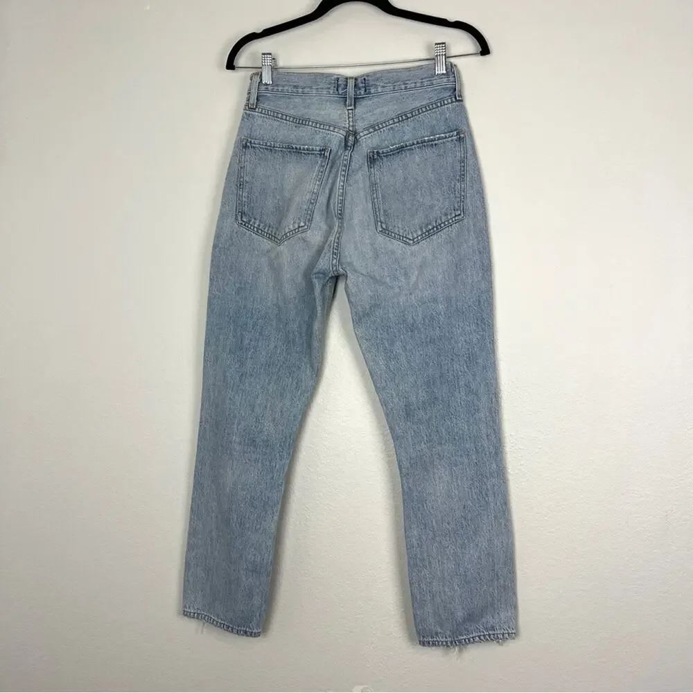 AGOLDE | Women’s Jeans Riley High Rise Straight Crop in Blitz Blue Distressed 26 - Picture 8 of 10